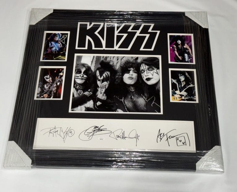 KISS SIGNED FRAMED POSTER DISPLAY GENE SIMMONS PAUL STANLEY ACE CRISS 4X JSA LOA COLLECTIBLE MEMORABILIA