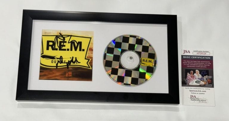 R.E.M. SIGNED FRAMED OUT OF TIME CD PETER BUCK MIKE MILLS REM JSA COA COLLECTIBLE MEMORABILIA