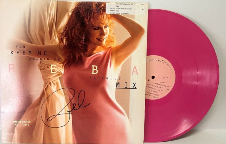 REBA MCENTIRE SIGNED AUTO LP COVER”YOU KEEP ME HANGIN ON” JSA LIMITED PINK VINYL COLLECTIBLE MEMORABILIA
