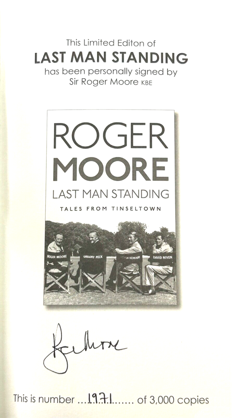 ROGER MOORE SIGNED AUTOGRAPH “LAST MAN STANDING” BOOK LIMITED COPIES JSA COA COLLECTIBLE MEMORABILIA