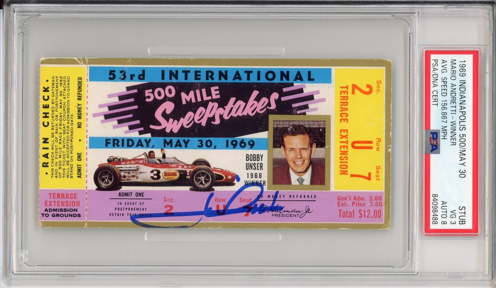1969 Indy Indianapolis 500 Ticket Signed Mario Andretti Win PSA DNA 8 Autograph