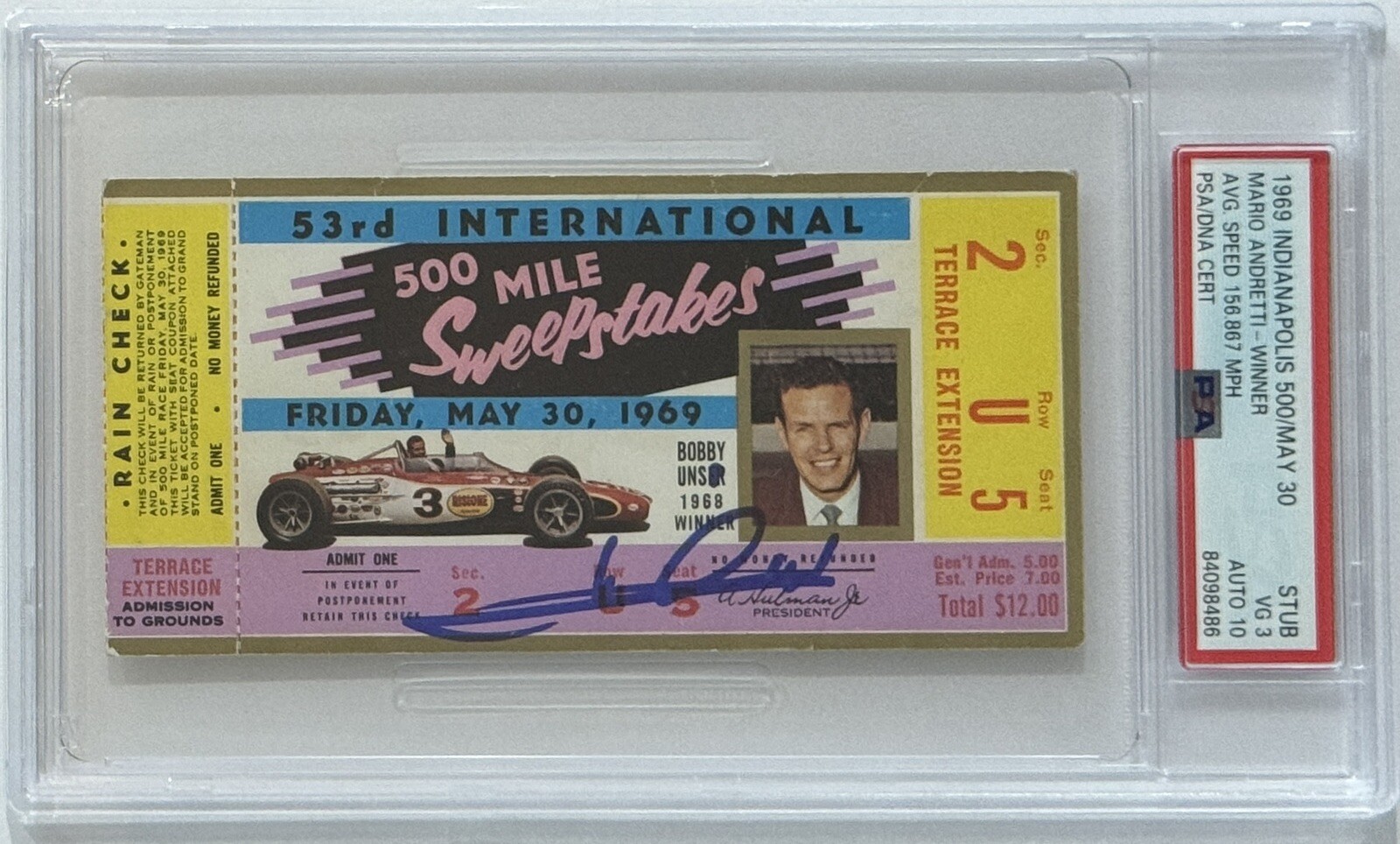 1969 Indy Indianapolis 500 Ticket Signed Mario Andretti Win PSA DNA 10 Autograph