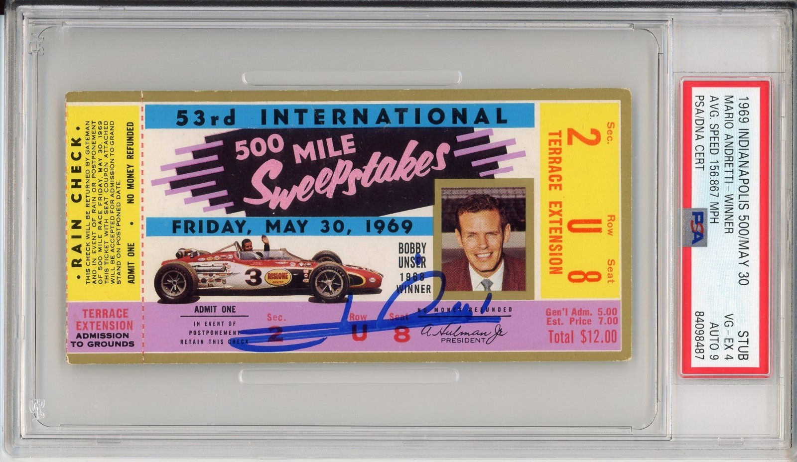 1969 Indy Indianapolis 500 Ticket Signed Mario Andretti Winner PSA DNA 9 Auto