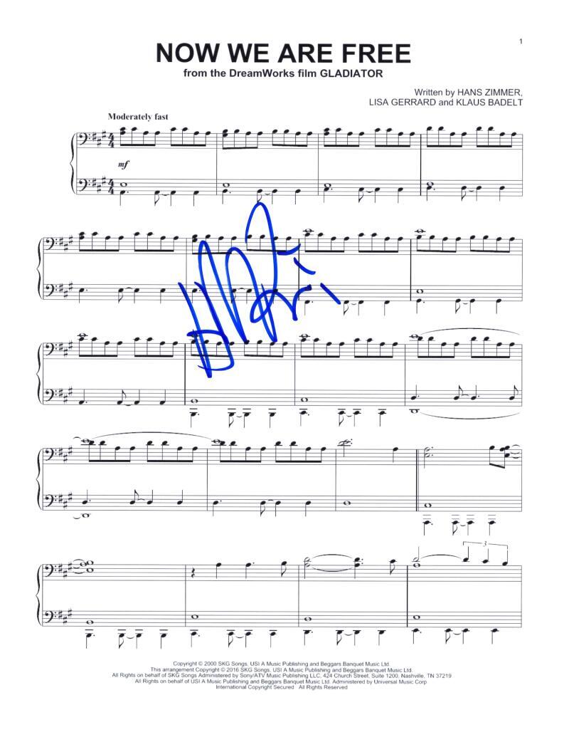 Hans Zimmer Signed Autograph Now We Are Free Sheet Music from Gladiator