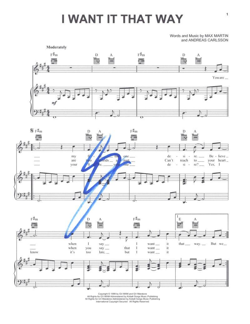 AJ McLean Backstreet Boys Signed Autograph I Want It That Way Sheet Music