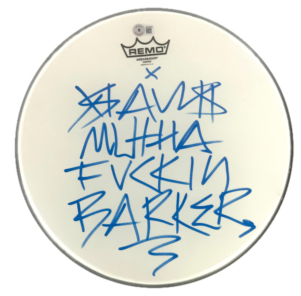 TRAVIS MUTHA F*UCKIN BARKER BLINK-182 SIGNED AUTOGRAPH 14″ DRUMHEAD W/ BECKETT COLLECTIBLE MEMORABILIA