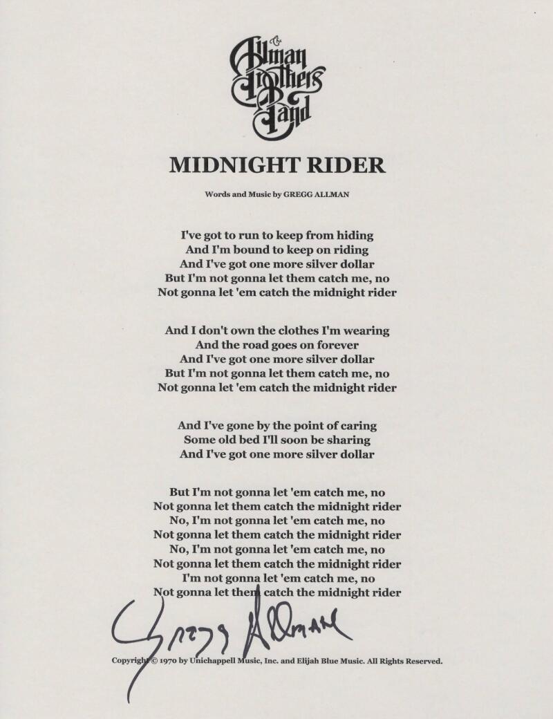 GREGG ALLMAN BROTHERS SIGNED AUTOGRAPH MIDNIGHT RIDER LYRIC SHEET MUSIC JSA COA COLLECTIBLE MEMORABILIA