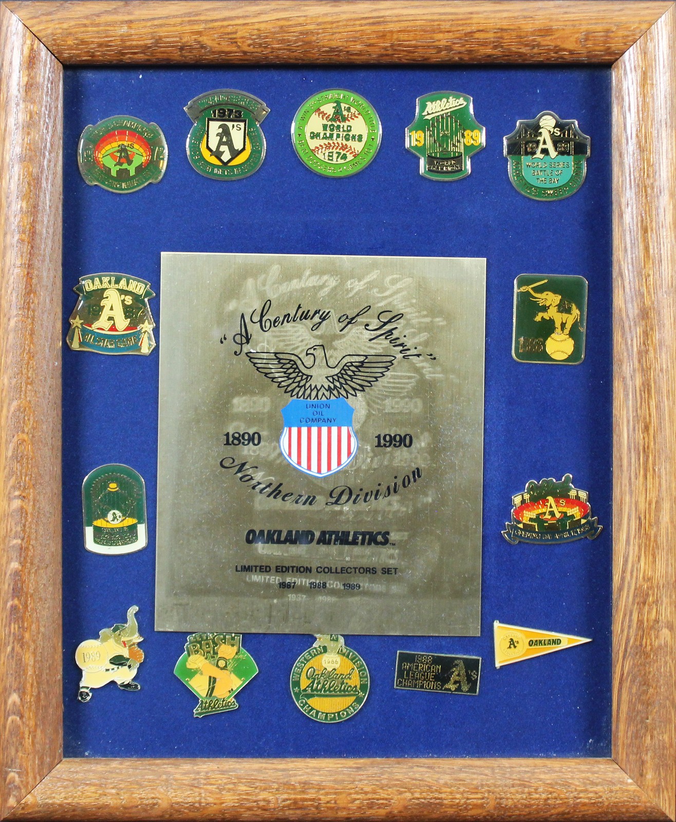 (14) 1987-1989 OAKLAND ATHLETICS COLLECTOR PIN SET FRAMED DISPLAY UN-SIGNED COLLECTIBLE MEMORABILIA