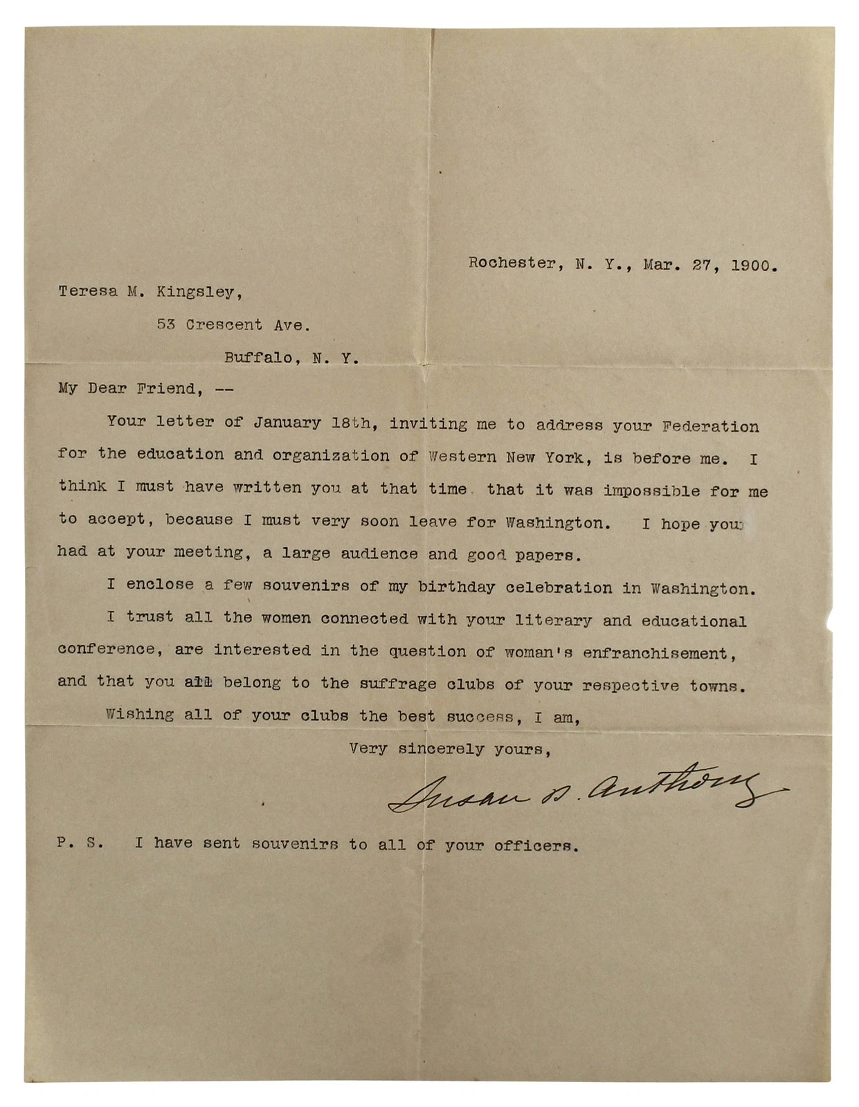 Susan B. Anthony Authentic Signed 8.25x10.75 1900 Letter BAS #AB14682