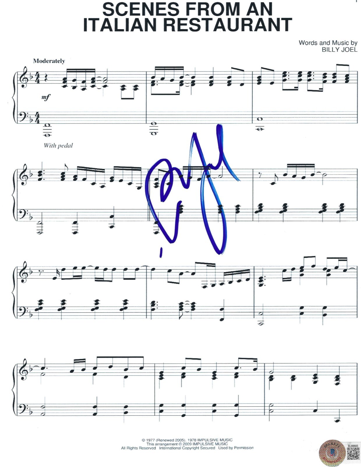 Billy Joel Signed Scenes From an Italian Restaurant Sheet Music Auto Beckett