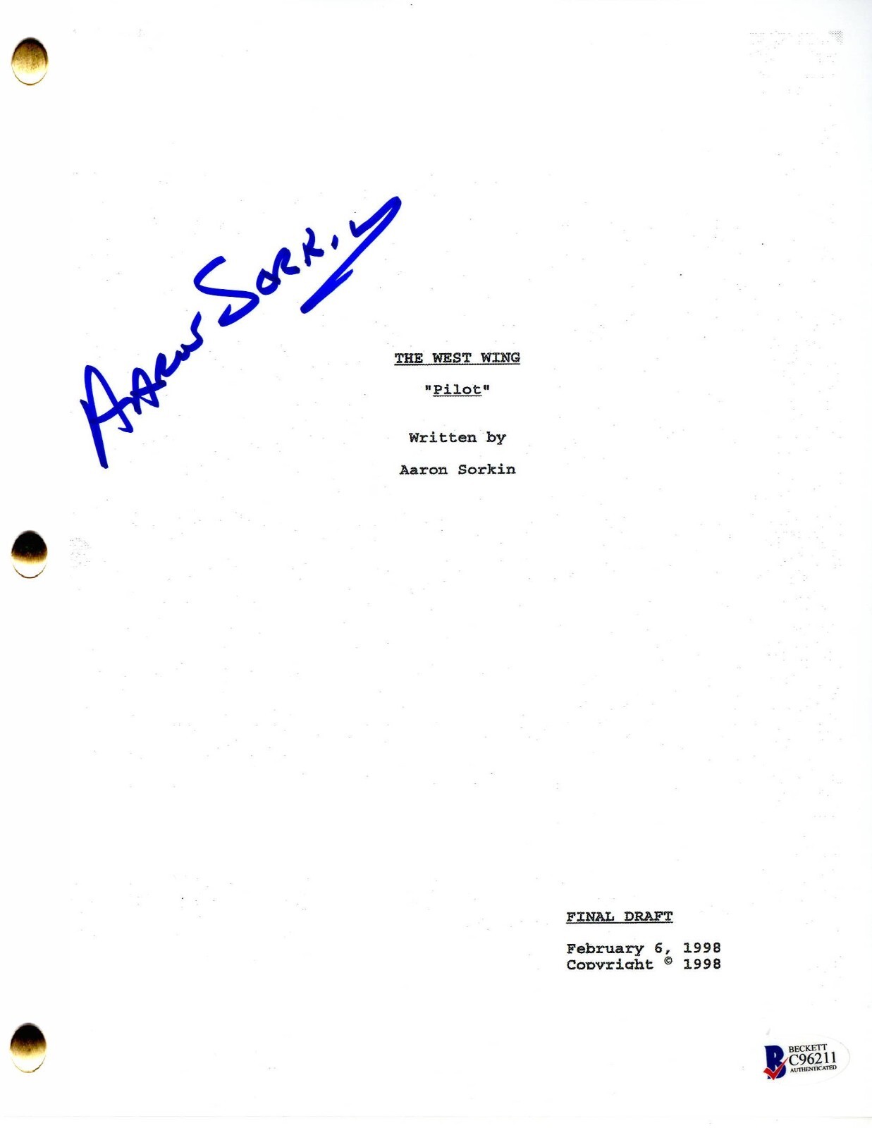 Aaron Sorkin Signed The West Wing Pilot Script Authentic Autograph Beckett
