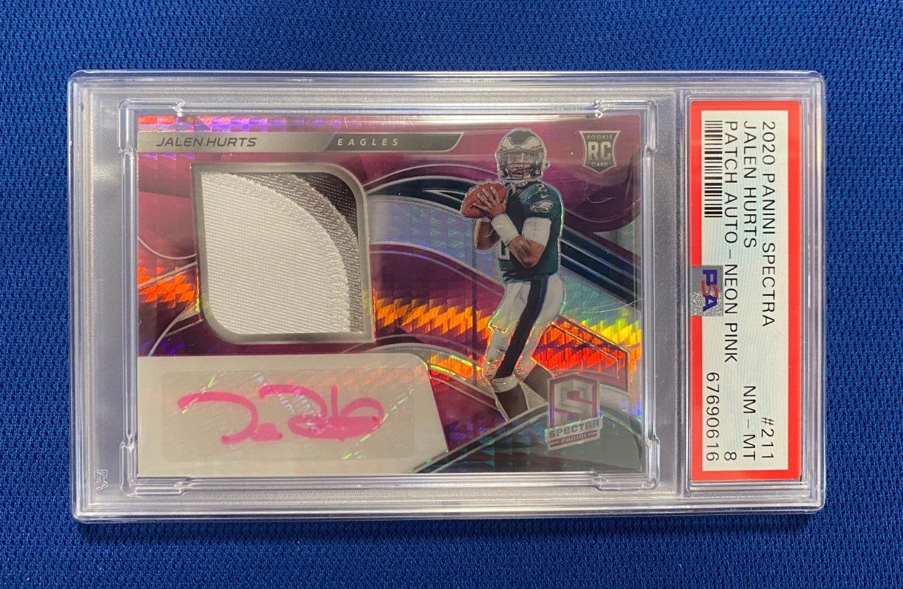 2020 PANINI SPECTRA JALEN HURTS EAGLES PATCH AUTO #211 NEON PINK /25 PSA 8