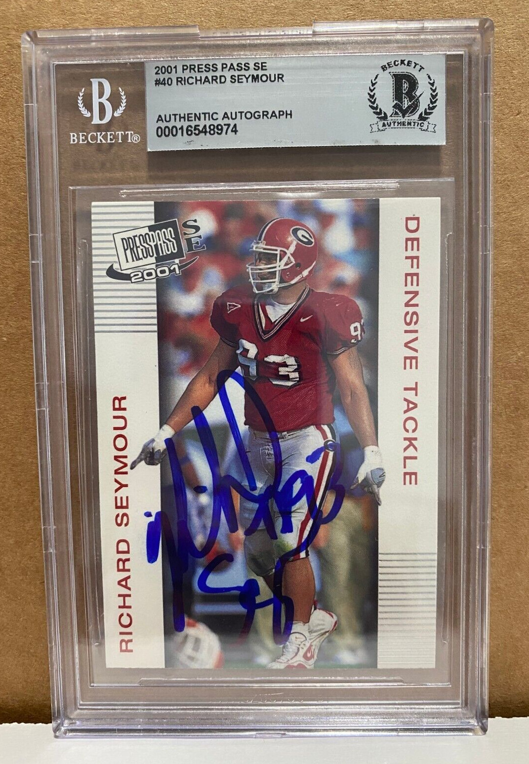 2001 PRESS PASS RICHARD SEYMOUR NE PATRIOTS SIGNED AUTOGRAPHED #40 CARD BECKETT