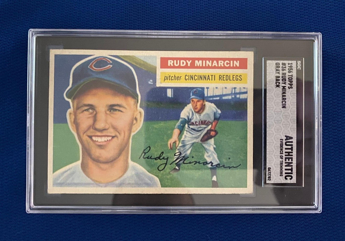 1956 TOPPS RUDY MINARCIN CINCINNATI REDS CARD #36 GRAY BACK SGC AUTHENTIC