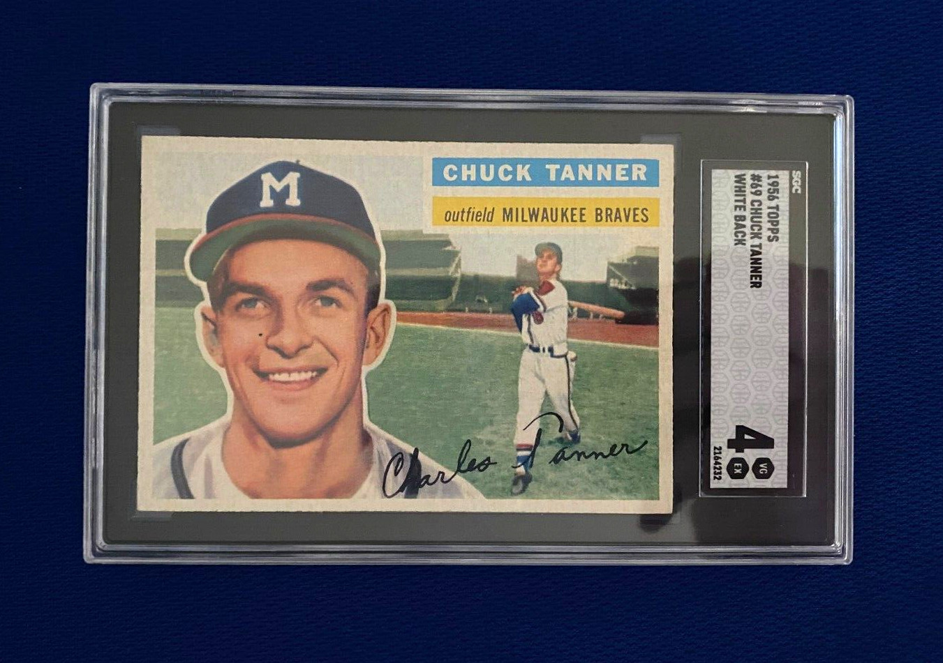 1956 TOPPS CHUCK TANNER MILWAUKEE BRAVES CARD #69 WHITE BACK SGC 4 VG EX
