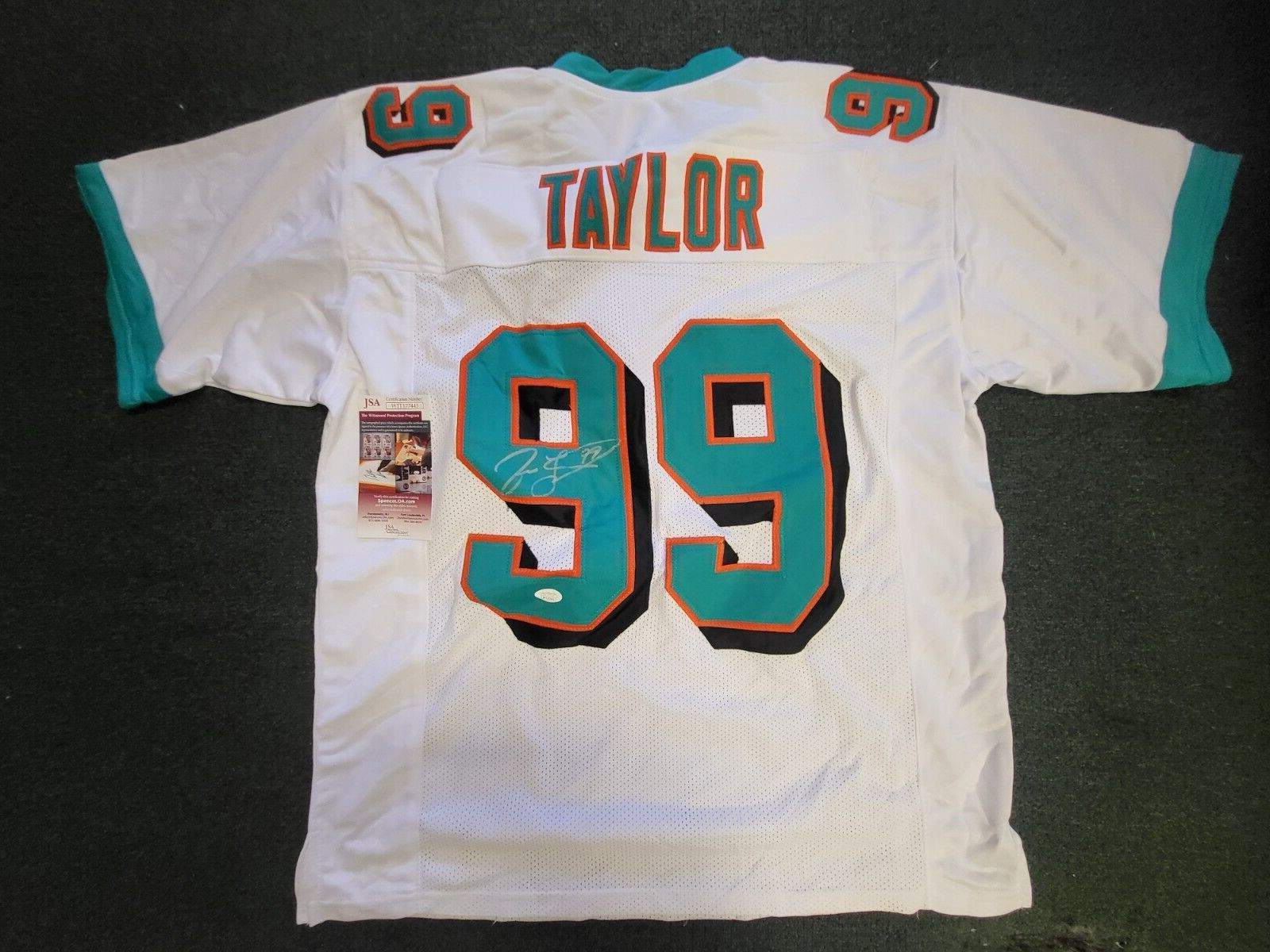 JASON TAYLOR #99 MIAMI DOLPHINS SIGNED AUTOGRAPHED WHITE JERSEY JSA COA