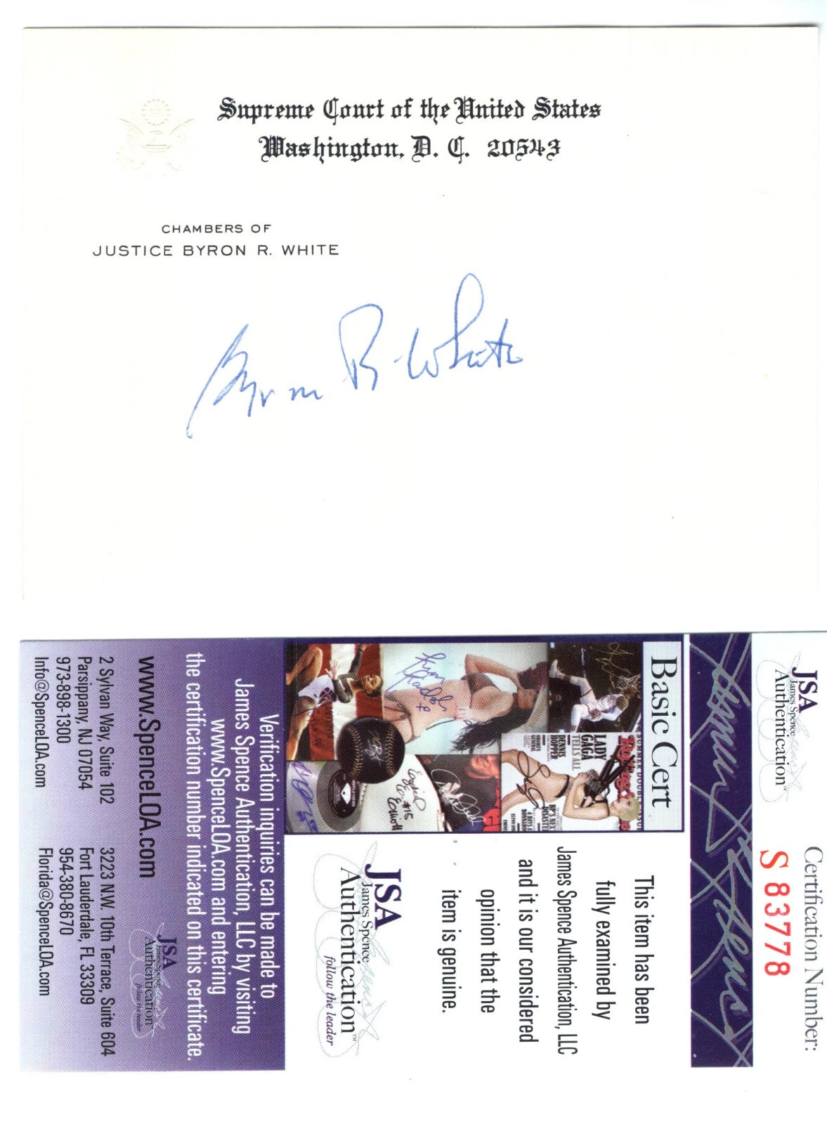 BYRON WHITE HAND SIGNED SUPREME COURT CARD SUPREME COURT JUSTICE JSA