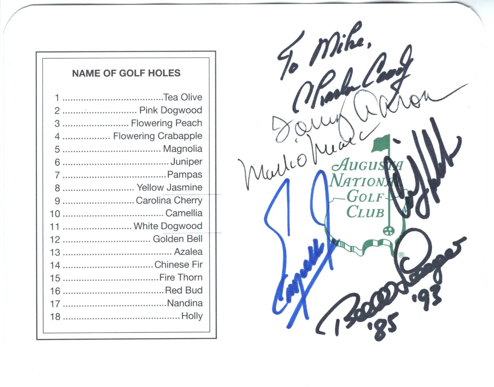 MASTERS HAND SIGNED CARD SIGNED BY 6 CHAMPIONS+COA LANGER+STADLER+4 TO MIKE