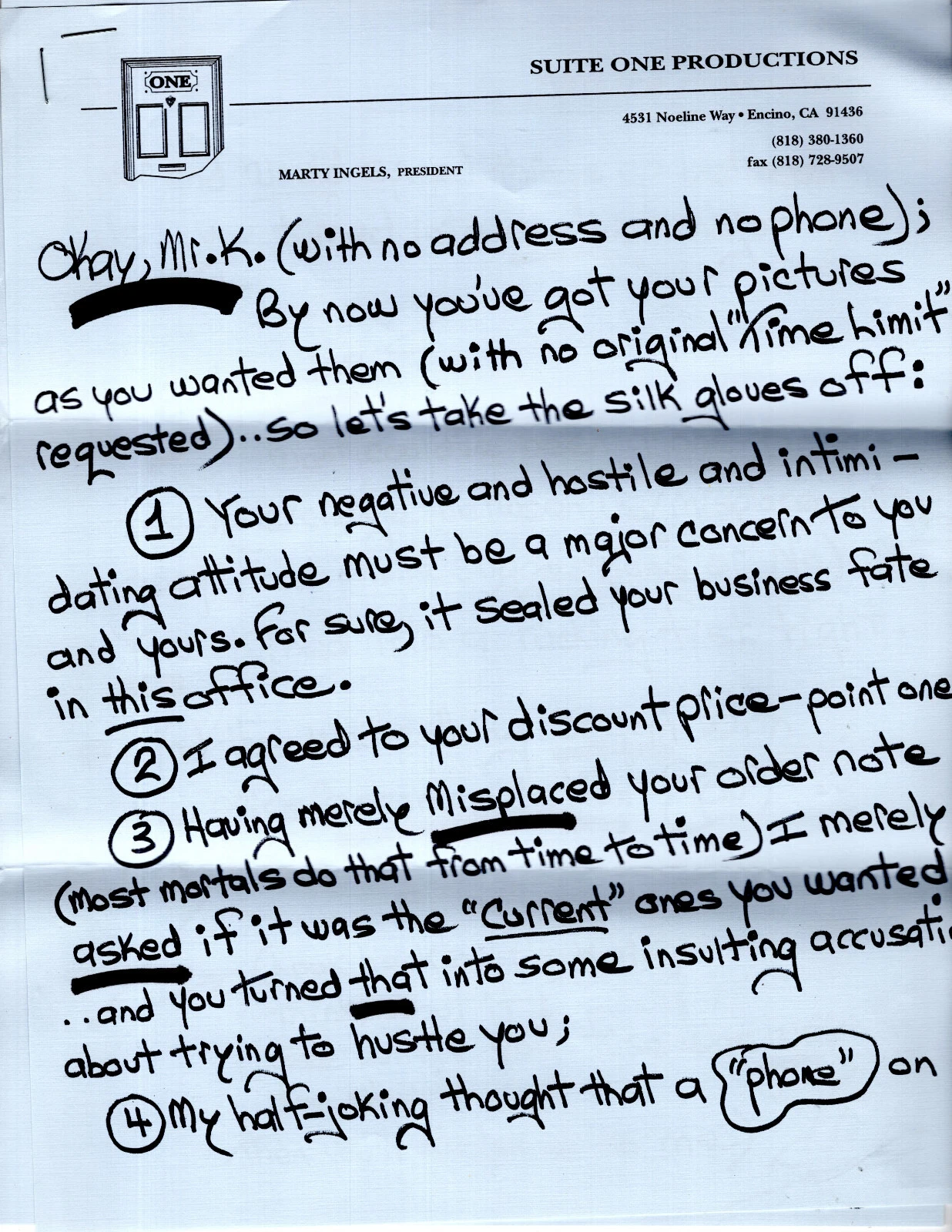 MARTY INGELS HAND WRITTEN TWO PAGE LETTER AMAZING AND VERY ANGRY CONTENT