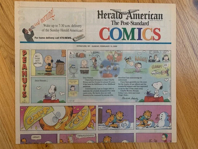 PEANUTS CHARLES SCHULZ LOT OF 6 RETIREMENT NEWSPAPERS 2000 WITH FINAL STRIP