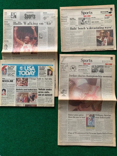 MICHAEL JORDAN LOT OF 4 ORIGINAL NEWSPAPERS FIRST 2 BULLS TITLES RARE
