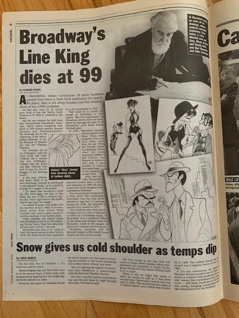 HIRSCHFELD DEATH LOT OF 3 NEWSPAPERS FROM 2003 LEGENDARY BROADWAY ARTIST
