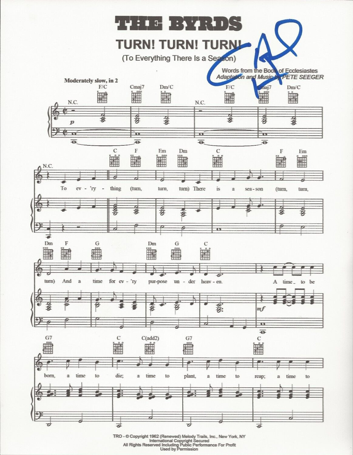 Chris Hillman of The Byrds SIGNED Turn! Turn! Turn! Sheet Music COA Autographed