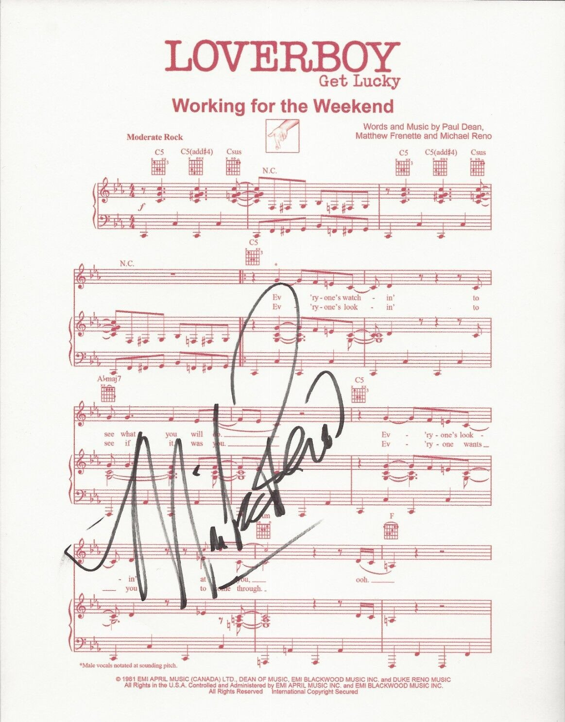 Mike Reno of Loverboy SIGNED Working For The Weekend Sheet Music COA Autographed