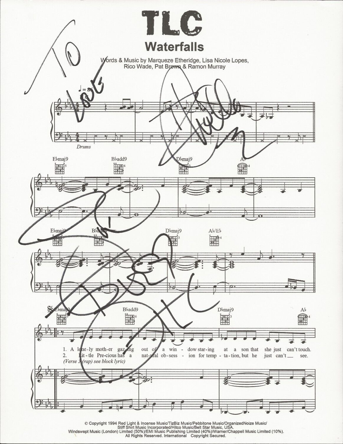 TLC band REAL hand SIGNED Waterfalls Sheet Music COA Autographed T-Boz & Chilli