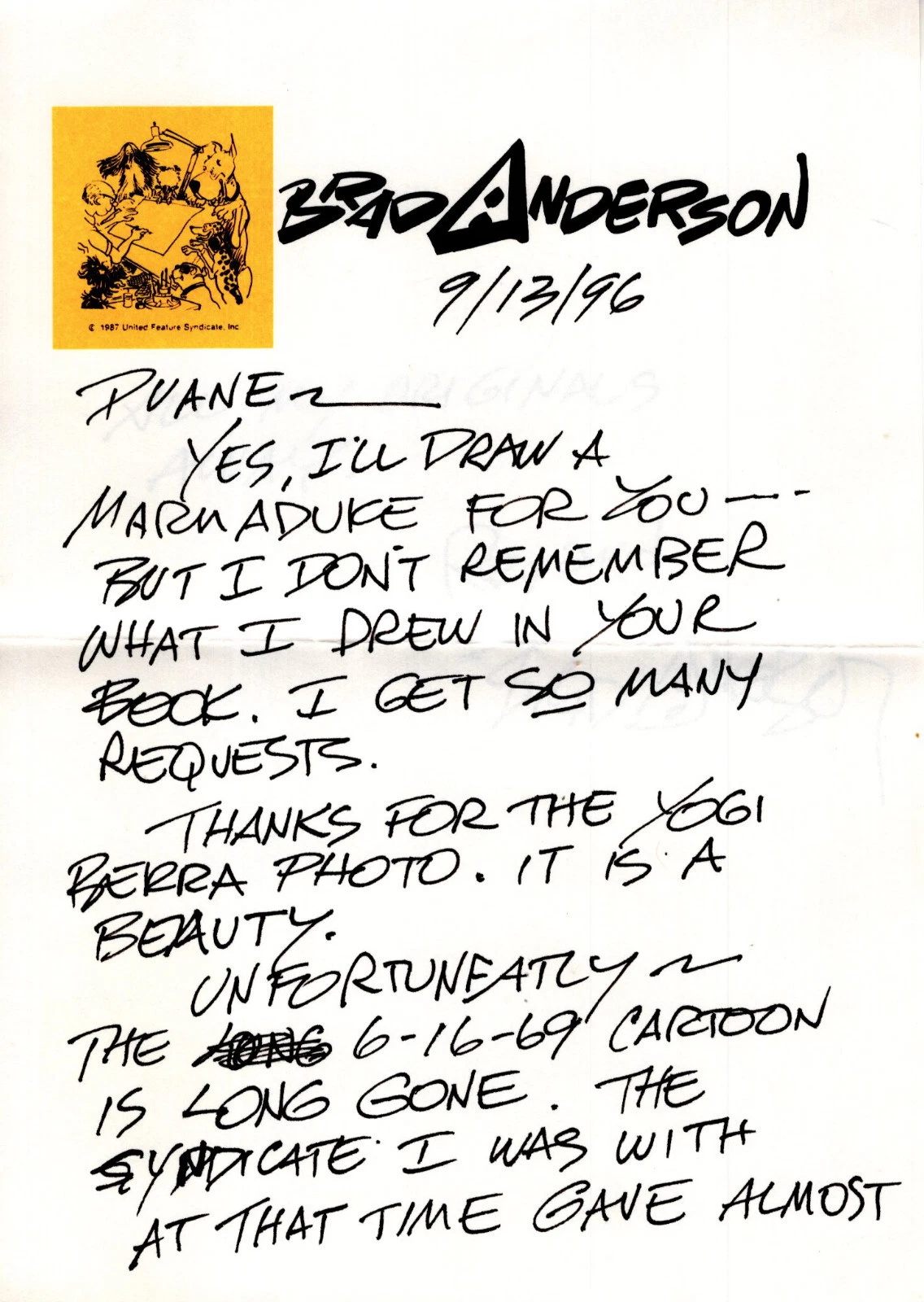 BRAD ANDERSON HAND SIGNED+HAND WRITTEN 2 PAGE LETTER+COA MARMADUKE