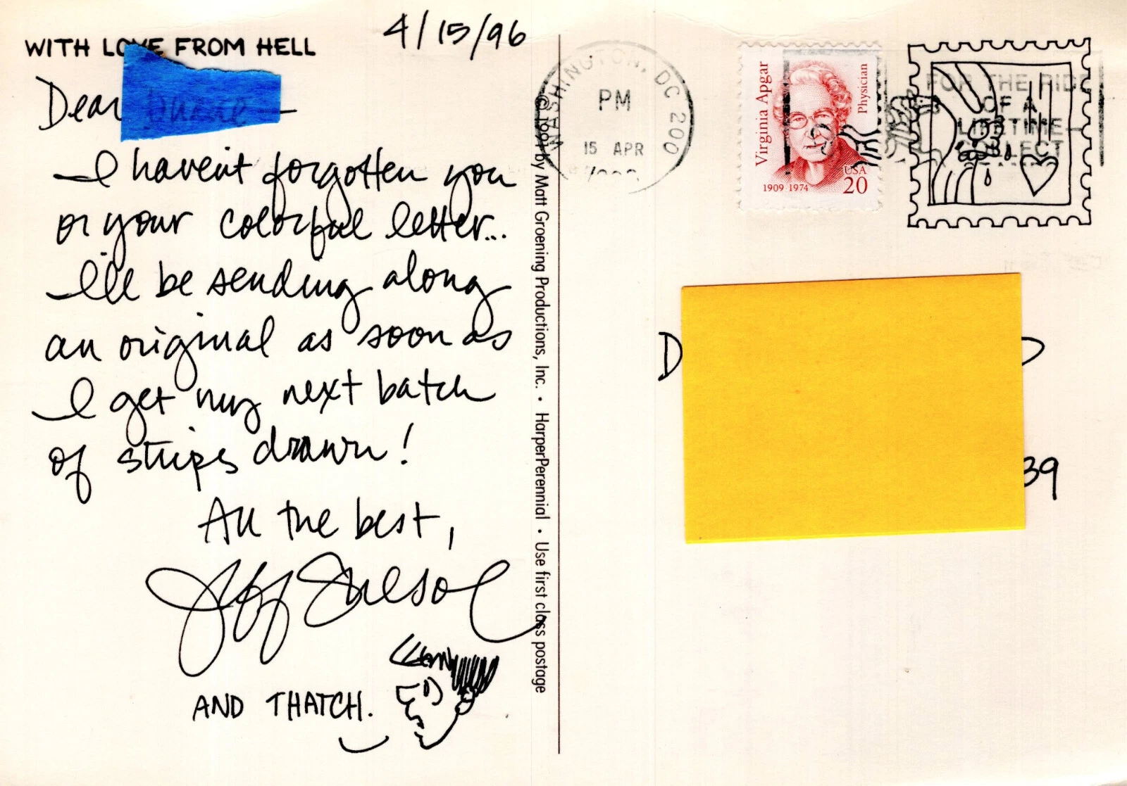 JEFF SHESOL HAND SIGNED+HAND WRITTEN NOTE ON POSTCARD+COA THATCH CARTOONIST