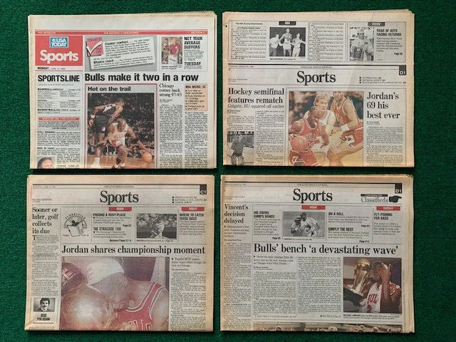 MICHAEL JORDAN LOT OF 4 ORIGINAL NEWSPAPERS FIRST 2 BULLS TITLES RARE
