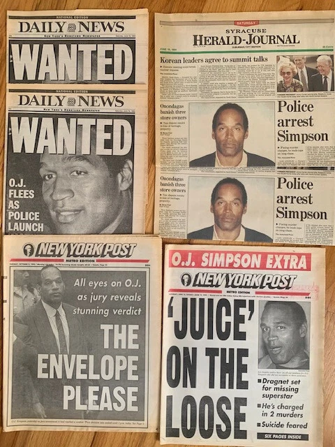 O.J SIMPSON HUGE LOT OF ORIGINAL VINTAGE NEWSPAPERS CHASE+TRIAL+ACQUITTAL