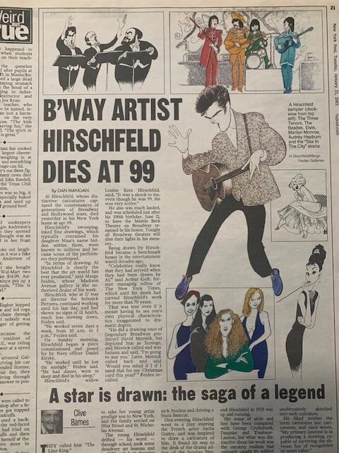 HIRSCHFELD DEATH LOT OF 4 NEWSPAPERS FROM 2003 LEGENDARY BROADWAY ARTIST COLLECTIBLE MEMORABILIA