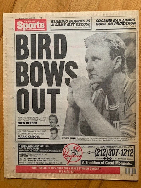 LARRY BIRD RETIREMENT LOT OF 6 ORIGINAL NEWSPAPERS FROM 1993 BOSTON CELTICS