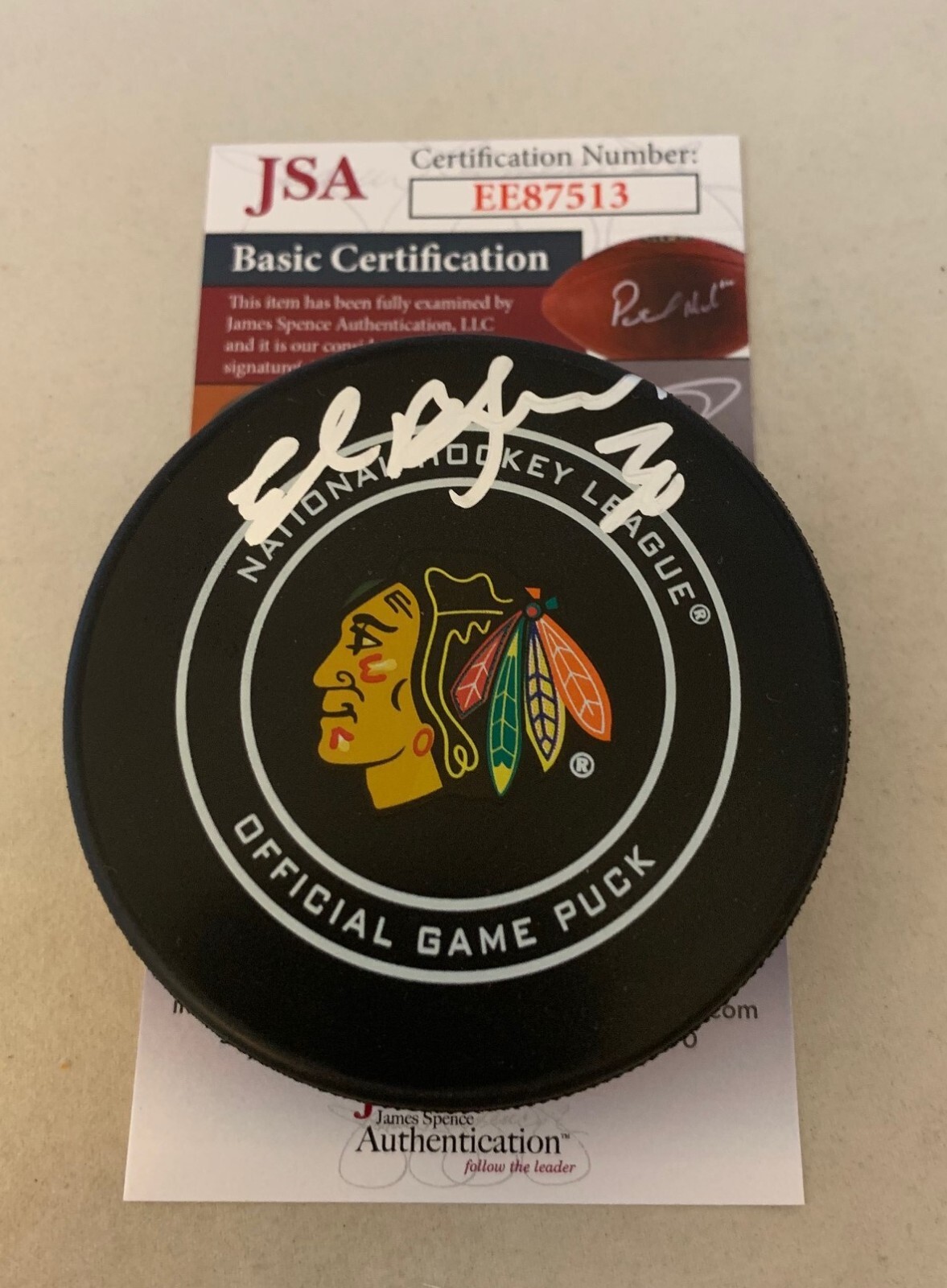 Ed Belfour signed Chicago Blackhawks Official Game Puck autographed Hawks JSA