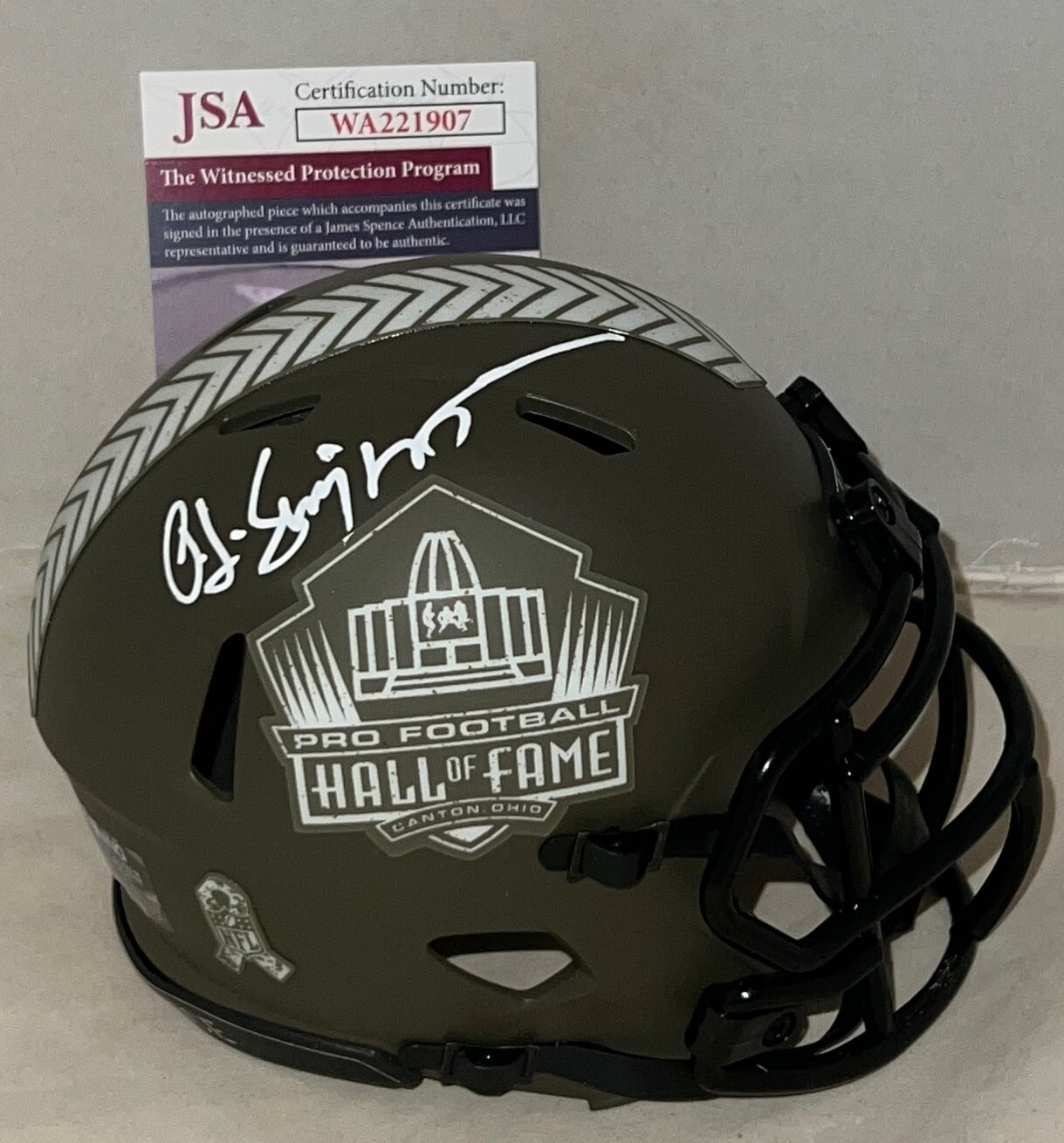 O.J. Simpson signed Hall Of Fame Salute To Service mini helmet JSA Witnessed
