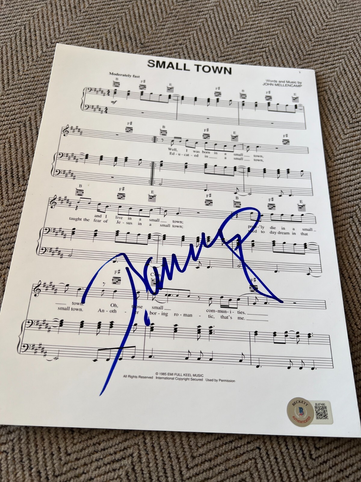 JOHN MELLENCAMP SIGNED AUTOGRAPH SHEET MUSIC SMALLTOWN BECKETT BAS AUTO COA D
