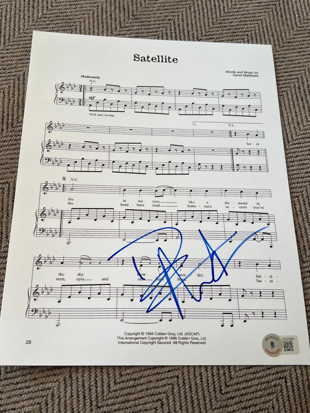 DAVE MATTHEWS SIGNED SHEET MUSIC SATELLITE DAVE MATTHEWS BAND BECKETT BAS X3