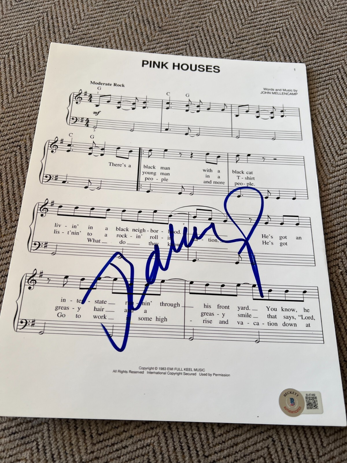 JOHN MELLENCAMP SIGNED AUTOGRAPH SHEET MUSIC PINK HOUSES BECKETT BAS COA E