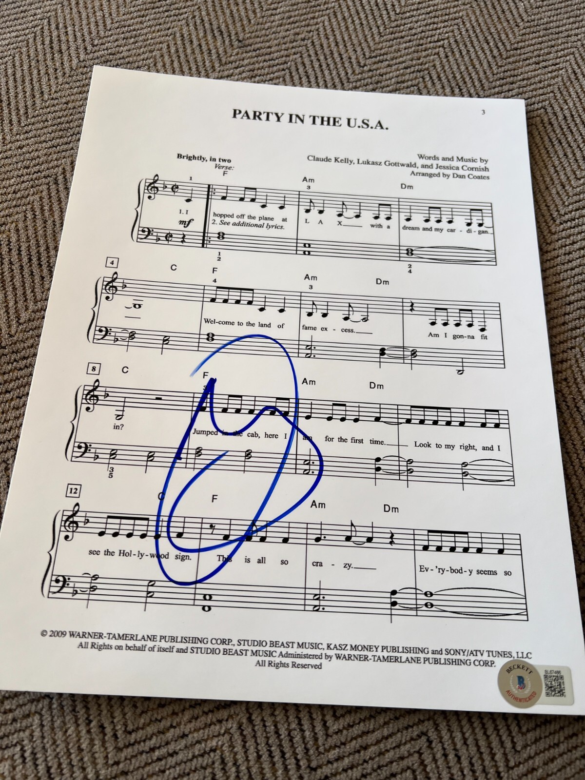 MILEY CYRUS SIGNED SHEET MUSIC MIDNIGHT SKY PARTY IN THE USA BECKETT BAS COA E