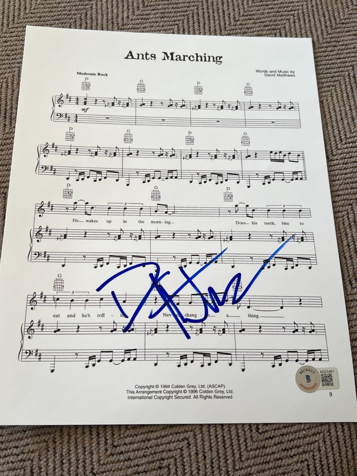 DAVE MATTHEWS SIGNED SHEET MUSIC ANTS MARCHING DAVE MATTHEWS BAND BECKETT BAS X1