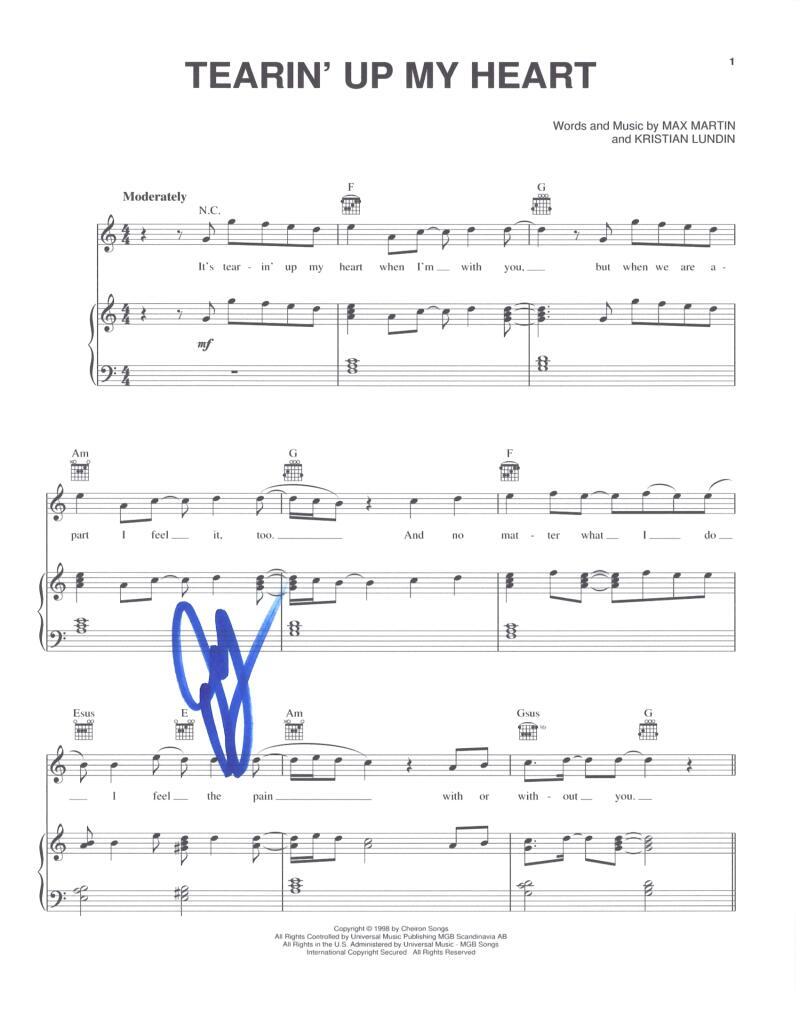 Joey Fatone NSYNC Signed Autograph Tearin Up My Heart Sheet Music - Celebrity