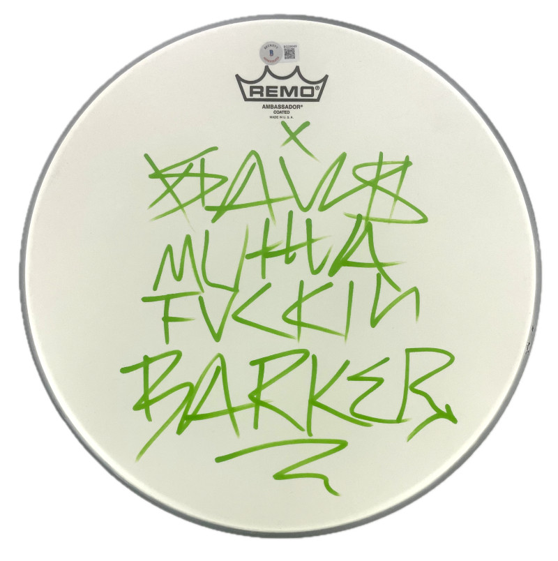 TRAVIS MUTHA F*UCKIN BARKER BLINK-182 SIGNED AUTOGRAPH 14″ DRUMHEAD BECKETT COA COLLECTIBLE MEMORABILIA