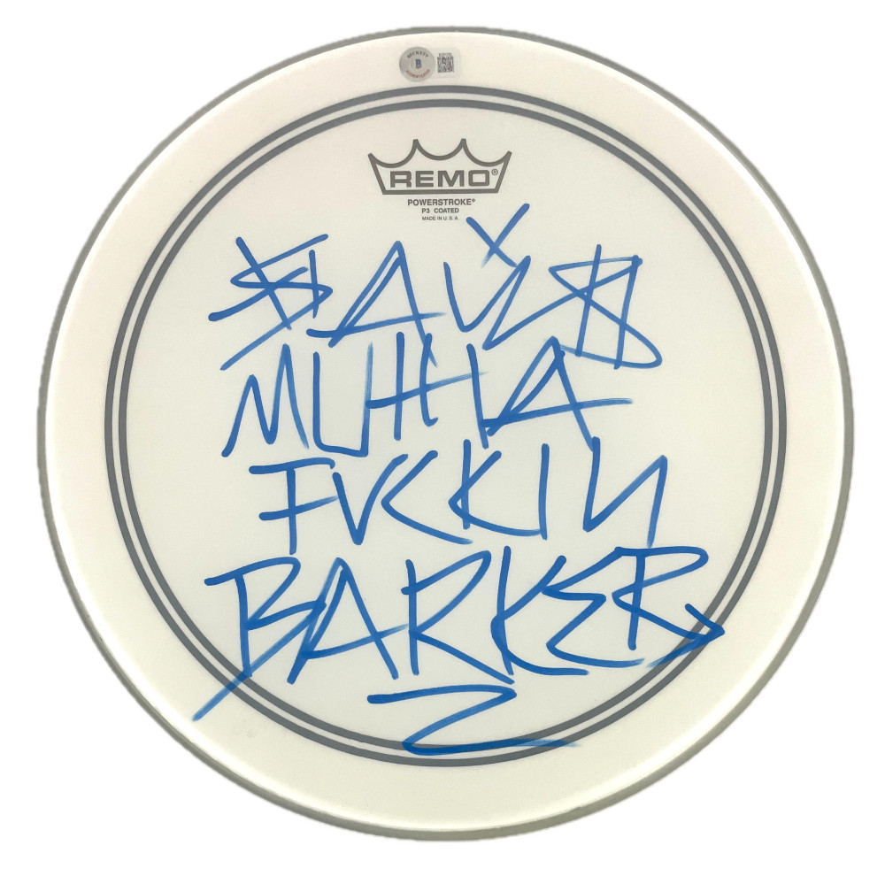 TRAVIS MUTHA F*UCKIN BARKER BLINK-182 SIGNED AUTOGRAPH DRUMHEAD W/ BECKETT COA COLLECTIBLE MEMORABILIA