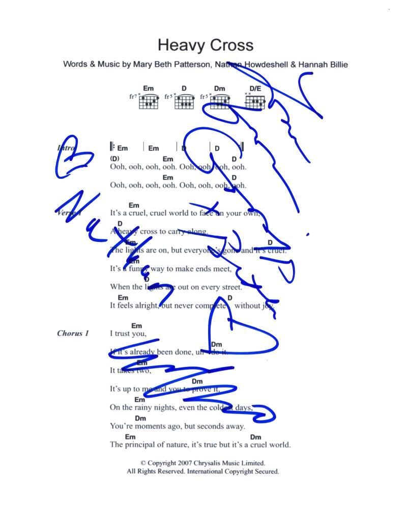 Gossip Band x3 Signed Autograph Heavy Cross Lyric Sheet Music Beth Nathan Hannah