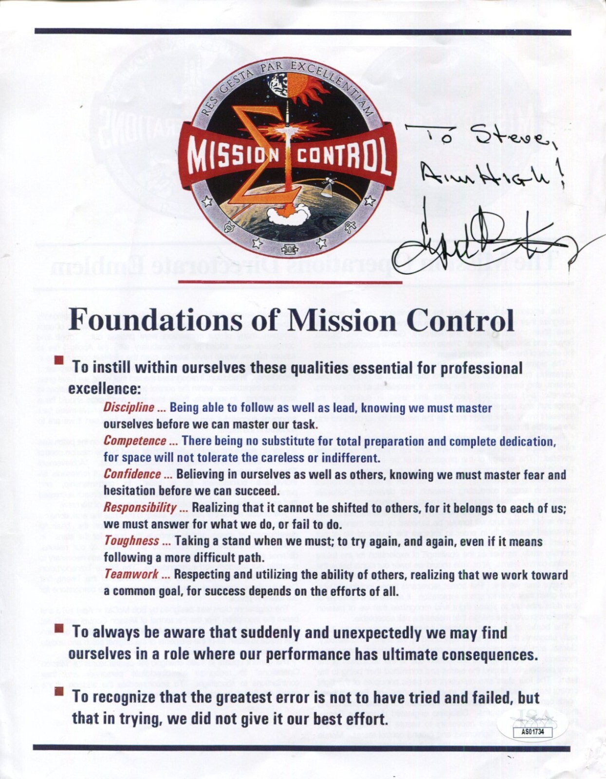 Eugene Gene Kranz NASA Flight Director Space Apollo Signed Autograph Flyer JSA