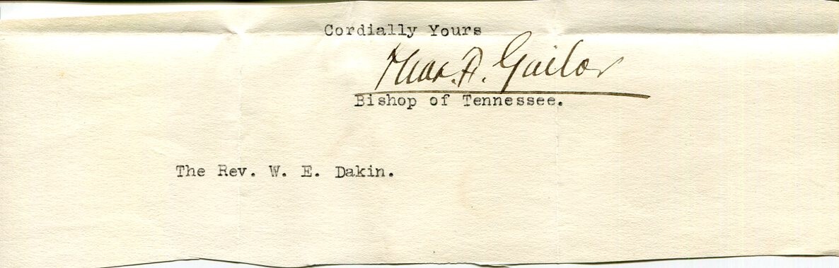 Thomas Frank Gailor 3rd Episcopal Bishop Tennessee Clergy Signed Autograph