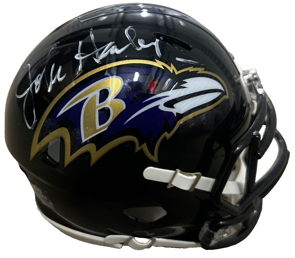JOHN HARBAUGH signed (BALTIMORE RAVNES) mini football helmet BECKETT BM02847
