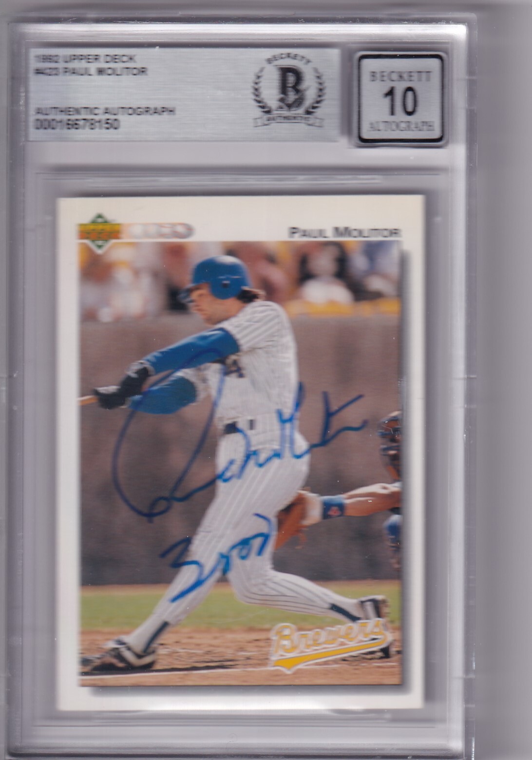 PAUL MOLITOR signed (1992 UPPER DECK) BREWERS 10 auto Baseball card BECKETT BAS